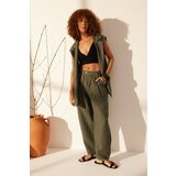 Trendyol Green 100% Linen High Waist Barrel Trousers Cene