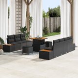 vidaXL 10 delni set vrtne sedežne garniture s blazinami črna poli ratan akacija | Shoptok.si