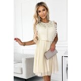 numoco basic 454-3 GRETA sukienka z koronką i złotym paskiem - BEŻOWA | Shoptok.si