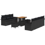 vidaXL 10-delni set sedežne garniture za vrt z blazinami Črn Poli Ratan Akacija, 2-sedežna sedežna garnitura s shrambo in blazinami Črn Poli Ratan, 3-delni set za zunanjo prehrano z blazinami Črn Poli Ratan Akacija | Shoptok.si