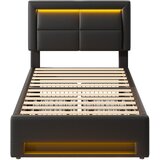 Lumor Postelja s predali 90x200 cm iz umetnega usnja - Z LED in vtičnicami za polnjenje (žičnimi in brezžičnimi) - Črna, (22155836) | Shoptok.si