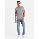 Ombre Men's t-shirt with button neckline and suede trim - grey | Shoptok.si