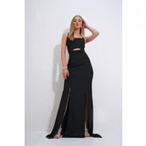 Trend Alaçatı Stili Women's Black Adjustable Strap Out Cut Slit Graduation Dress