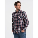 Ombre Men's flannel shirt with buttoned pockets - red and navy blue OM-SHCS cene
