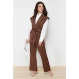 Trendyol Brown Belted Scuba Knitted Top and Bottom Set