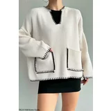 Laluvia Cream-Black Piping and Pocket Detailed Sweater