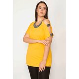 Şans Women's Plus Size Yellow One Shoulder And Collar Silvery Detailed Blouse Cene
