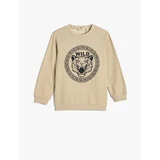 Koton Boys' Sweatshirt Tiger Relief Printed Cardigan Crew Neck Beige