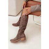 Boto Openwork Women's Knee-High Block Heeled Boots Dark Beige Fioris | Shoptok.si