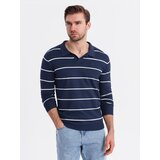Ombre Men's horizontal striped polo longsleeve with viscose - navy blue and white | ePonuda.com