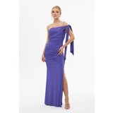 Carmen Purple Sandy Single Sleeve Slit Long Evening Dress Cene