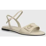Calvin Klein Usnjeni sandali FLAT SANDAL RELOCK LTH ženski, bež barva, HW0HW01942