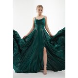 Lafaba Women's Emerald Green Stone Strap Draped Flare Cut Long Evening Dress Cene