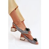 Laura Messi Leather Women's Sandals On A Block Heel With Decorative Flower 2973 White-Black | Shoptok.si