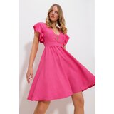Trend Alaçatı Stili Women's Pink V-Neck Flounce Sleeves Back Zippered Aerobin Linen Woven Dress | shoptok.hr