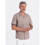 Ombre Men's short sleeve shirt with Cuban collar - dark beige Cene