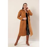 By Saygı Plus Size Suede Coat Green with Stripes on the Shoulders, Zippered Front with Pockets. Cene