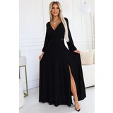 Numoco 572-2 NELA Shiny Long Dress with Neckline and Long Sleeves - BLACK | Shoptok.si