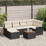 vidaXL Set vrtnog namještaja od 7 komada s jastučićima Crni Poli Ratan Akacija, 2-sjedna vrtna sofa s pohranom i jastučićima Crni Poli Ratan | shoptok.hr