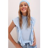 Trend Alaçatı Stili Women's Blue Collar And Sleeves Frilly Woven Blouse Cene