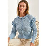 Bianco Lucci Women's Openwork Tricot Cardigan with Ruffles and Pearl Stones. cene