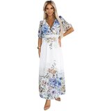 numoco basic 613-1 CELINA Airy maxi dress with envelope neckline, belt and floral ombre - light blue | shoptok.hr
