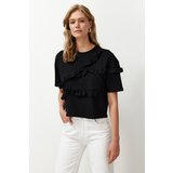 Trendyol Black 100% Cotton Ruffle Detailed Relaxed/Comfortable Fit Short Sleeve Knitted T-Shirt cene
