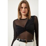  Women's Black Gathered Detailed Crop Chiffon Blouse Cene