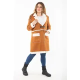 Şans Women's Plus Size Camel Shepherd Button Nubuck Coat