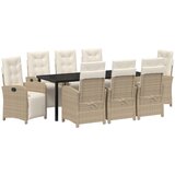vidaXL 9-delni vrtni jedilni set s blazinami bež poly rattan, vrtna miza črna 200x80x73 cm kaljeno steklo Cene