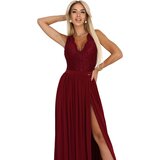 Numoco 211-8 LEA długa suknia z koronkowym dekoltem i rozcięciem na nogę - bordowa | Shoptok.si