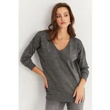 Cool & Sexy Women's Gray V Neck Stoned Thin Knit Blouse YIL002