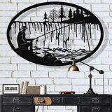 Wallxpert metalni zidni ukras 5203, pecaroš na obali reke sa šumom u ovalnom ramu, 75 x 50 cm, crni Cene