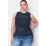 Trendyol Curve Navy Blue Openwork/Perforated Tasseled Knitwear Blouse