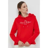 Tommy Hilfiger Bombažen pulover ženska, rdeča barva, s kapuco