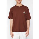 Trendyol Brown Men's Oversize Mushroom Embroidered 100% Cotton T-Shirt Cene