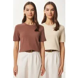 Happiness İstanbul Woman Brown Biscuit 2-Pack Cotton Basic Knitted T-Shirt