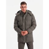 Ombre Men's long warm parka jacket with wool - dark grey melange