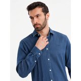 Ombre Men's denim shirt with lyocell and embroidery on chest - dark blue | Shoptok.si