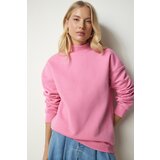 Happiness İstanbul Women's Light Pink Stand-Up Collar Basic Branded Sweatshirt Cene