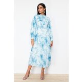 Trendyol blue lined floral patterned belted woven dress Cene