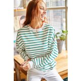 Olalook Women's Ecru Green Striped Soft Textured Loose Sweatshirt Cene