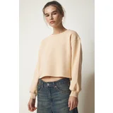 Happiness İstanbul Women's Cream Crew Neck Raised Crop Knitted Sweatshirt