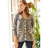 Olalook Women's Gray V-Neck Jacquard Soft Textured Knitwear Cardigan cene