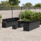 vidaXL 11-delni vrtni sedežni set s blazinami Črni poli ratan Akacija | Shoptok.si