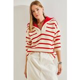 Bianco Lucci Women's Collar Shearling Striped Zippered Knitwear Sweater Cene