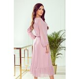 Numoco 304-1 Chiffon midi dress with a neckline and frill - dirty pink | Shoptok.si