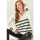 armonika Women's Ecru V-Neck Striped Sweater Short in the Front and Long in the Back Cene