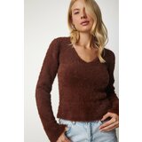 Happiness İstanbul Women's Brown V-Neck Bearded Knitwear Sweater Cene