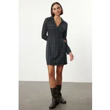 Trendyol Anthracite Plaid A-Line Double Breasted Mini Woven Dress